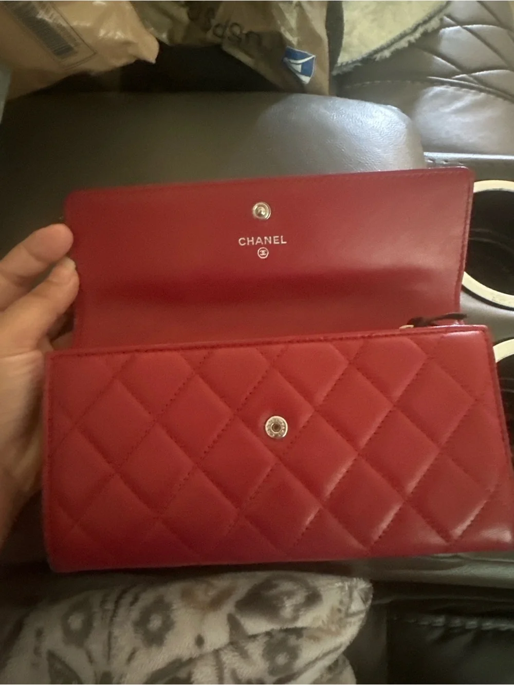 CHANEL Quilted Red Leather Wallet with Silver CC Emblem